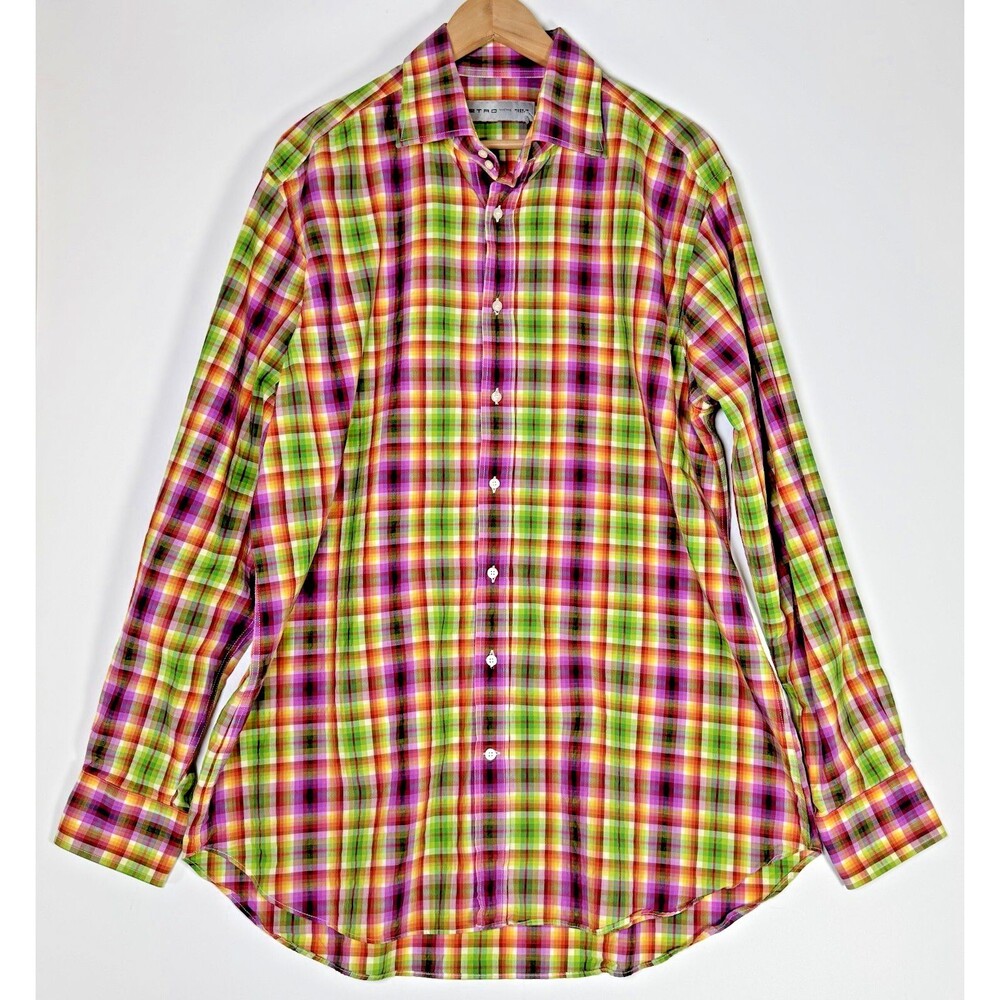 Etro Shirt Mens 44 Large Green Plaid Italy Designer Luxury Cotton Button Up